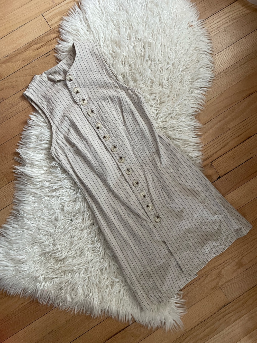 Sleeveless Button-Front Midi Dress in Light Beige Stripe